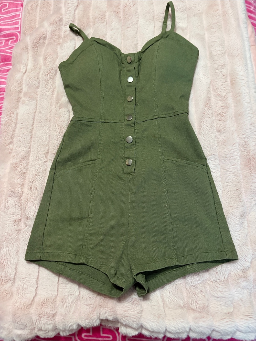 Haute Monde Olive Green Button-Front Sleeveless Romper